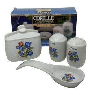 VTG Corelle Fresh-Cut Coordinates Kitchen Set Salt Pepper Sugar Jar & Spoon Rest